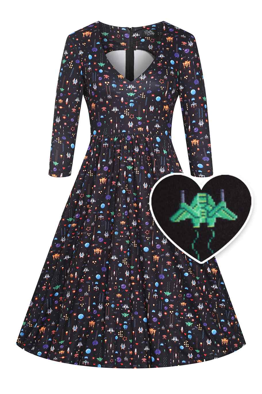 Front view of Retro Game Print Dress In Black