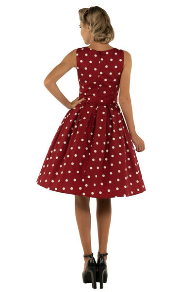 PRE ORDER Annie Retro Polka Dot Dress In Burgundy-White