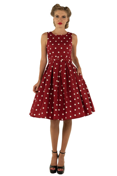 Retro Polka Dot Dress In Burgundy-White