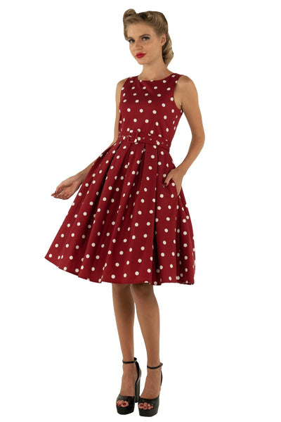 PRE ORDER Annie Retro Polka Dot Dress In Burgundy-White