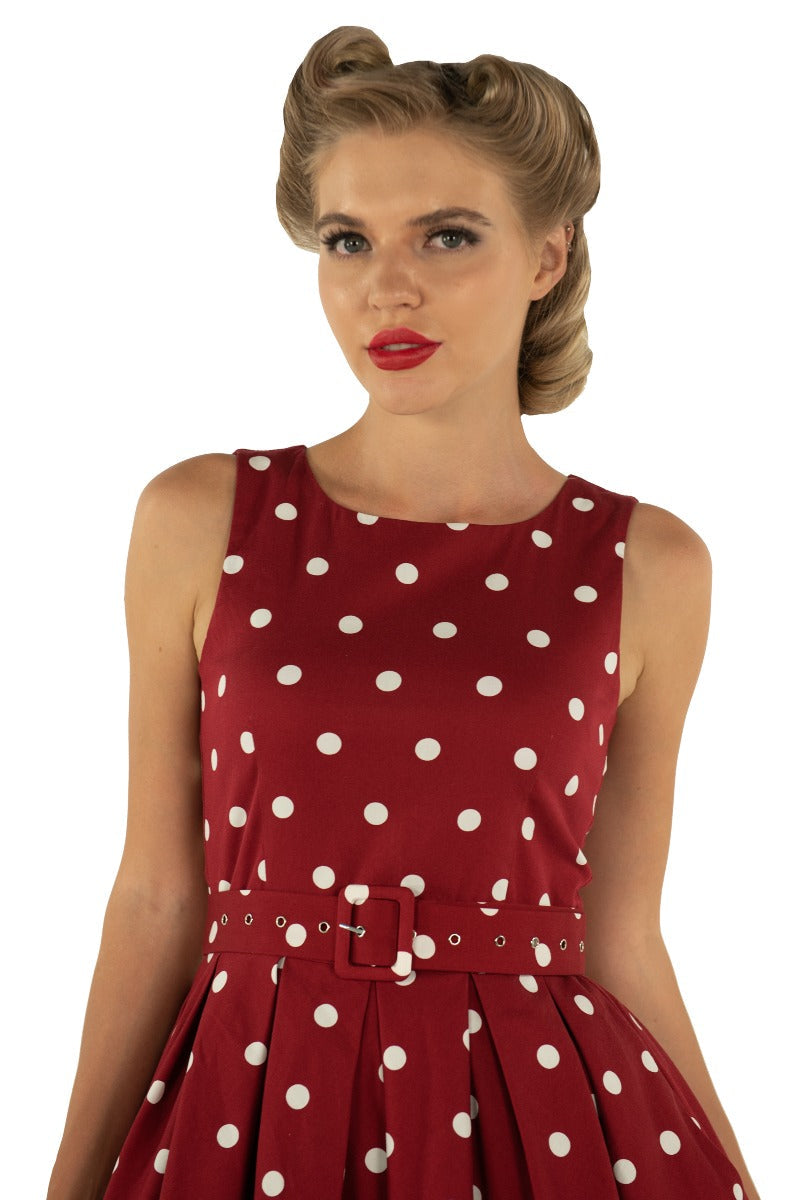 PRE ORDER Annie Retro Polka Dot Dress In Burgundy-White