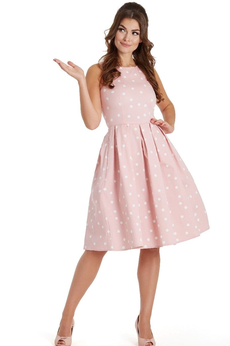 EU STOCK Annie Retro Polka Dot Dress In Pale Pink/White