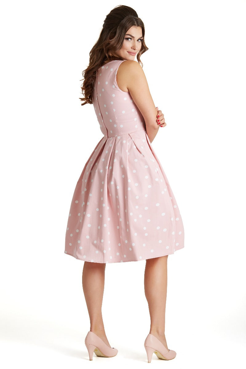 EU STOCK Annie Retro Polka Dot Dress In Pale Pink/White