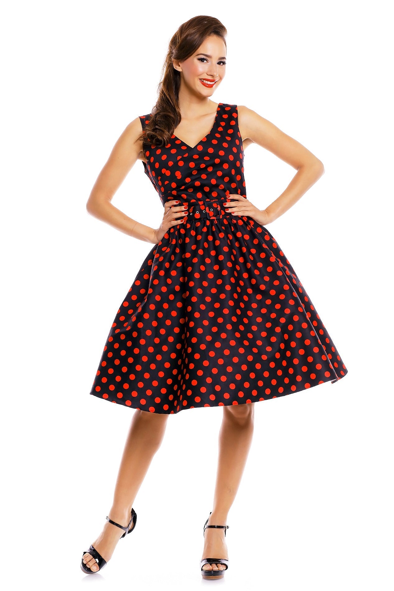 EU STOCK May V-neck 50's Style Swing Dress in Black/Red