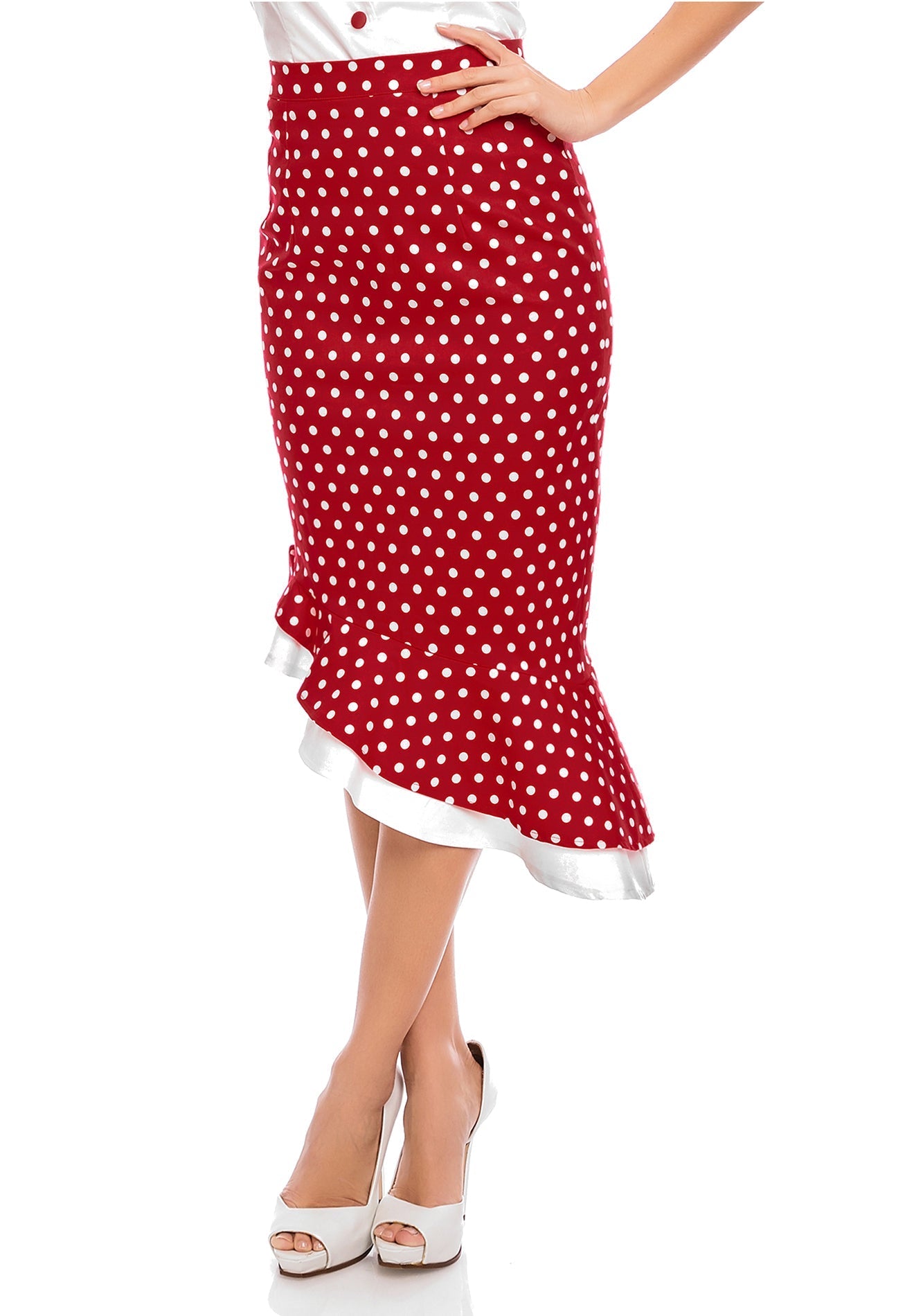 PRE-ORDER Madison High Waist 50s Style Ruffle Skirt In Red-Dots