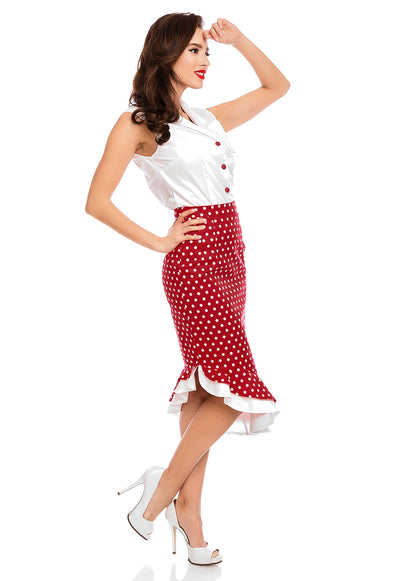 PRE-ORDER Madison High Waist 50s Style Ruffle Skirt In Red-Dots