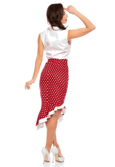 PRE-ORDER Madison High Waist 50s Style Ruffle Skirt In Red-Dots