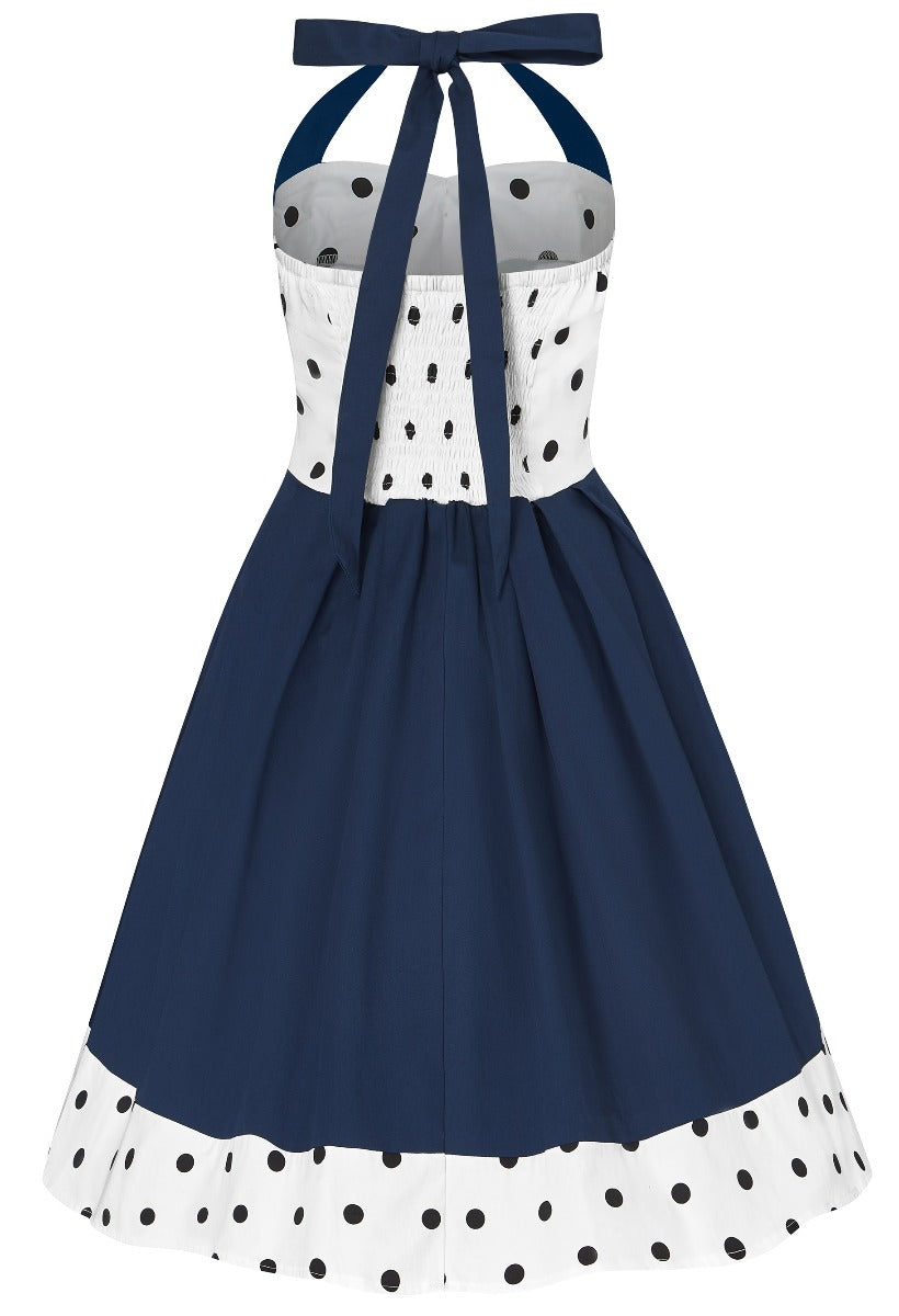 EUC Sophia 1950s Rockabilly Halter Neck Swing Dress in White/Black Polka Dot & Blue