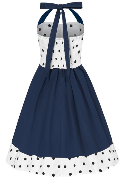 EUC Sophia 1950s Rockabilly Halter Neck Swing Dress in White/Black Polka Dot & Blue