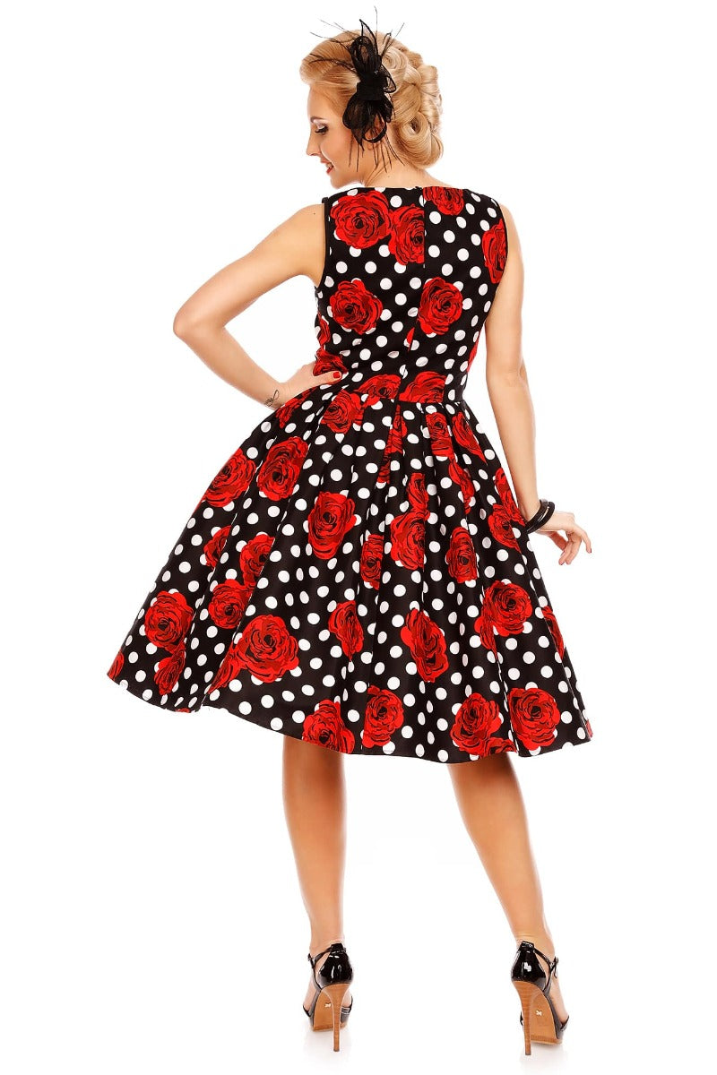 EUC Elizabeth Vintage Swing Dress in Black/ Rose Polka