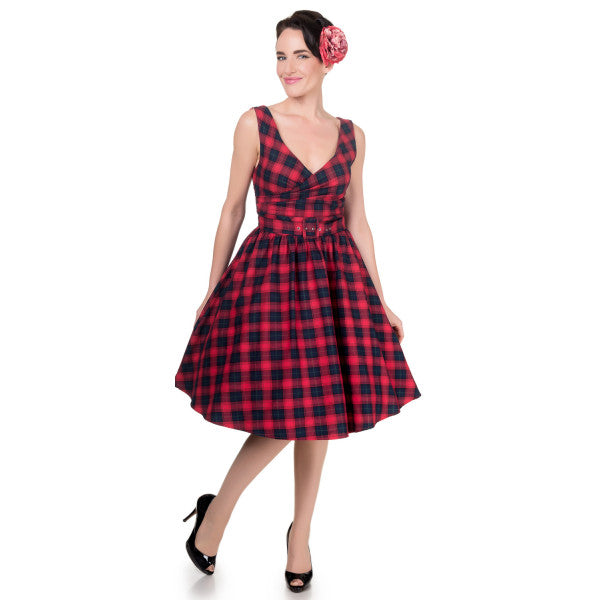 May V-neck 50's Style Swing Dress in Blue/Red