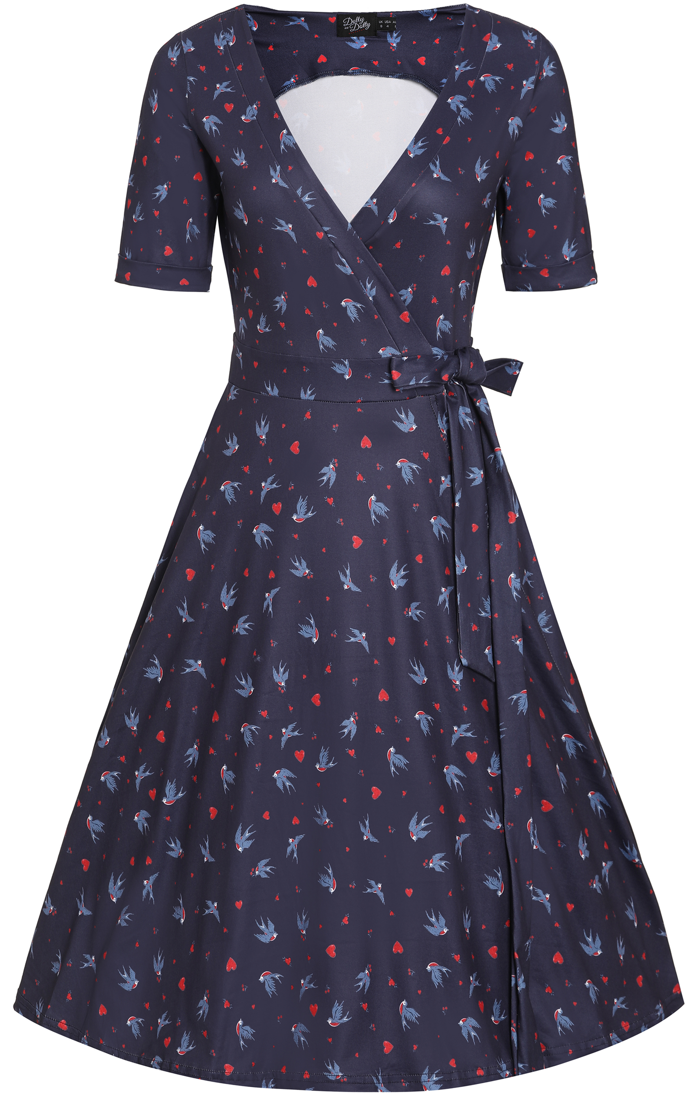 PRE ORDER Matilda Navy Blue and Heart Swallow Knit Wrap Dress