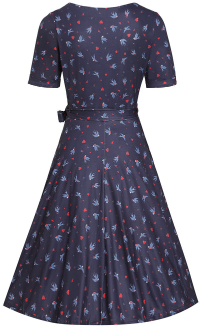 PRE ORDER Matilda Navy Blue and Heart Swallow Knit Wrap Dress