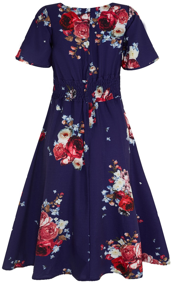 EUC Janice Swing Dress Navy Blue Pink Floral Print