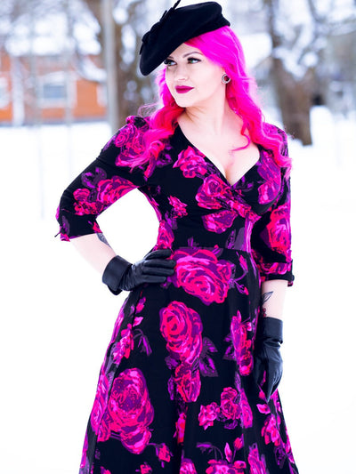 EU Stock-Katherine Black Pink Floral Swing Dress