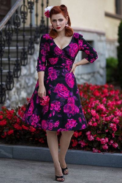 EU Stock-Katherine Black Pink Floral Swing Dress