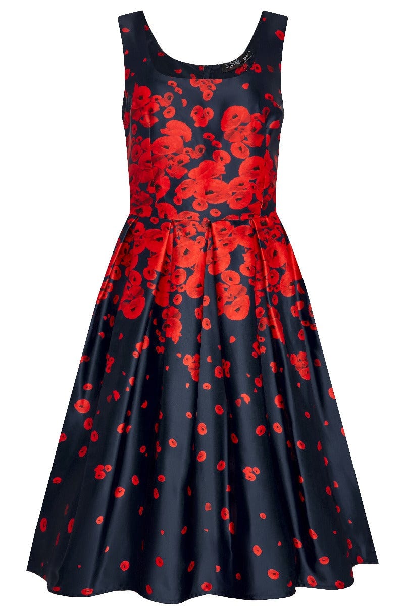 50s Inspired Swing Dress Navy with Poppy Flowers