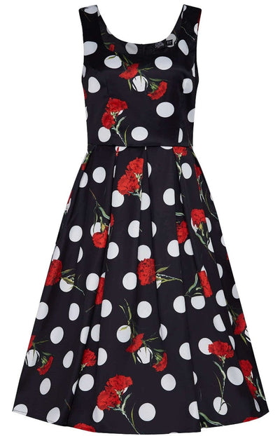 EU STOCK Amanda Floral Polka Dot Swing Dress in Black-Red