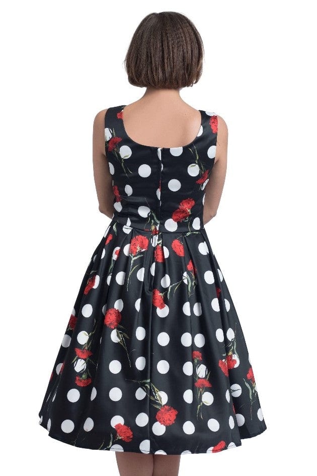 EU STOCK Amanda Floral Polka Dot Swing Dress in Black-Red