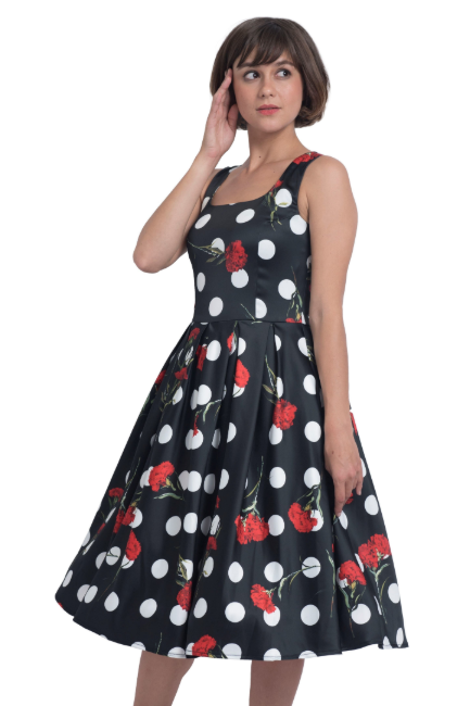 EU STOCK Amanda Floral Polka Dot Swing Dress in Black-Red