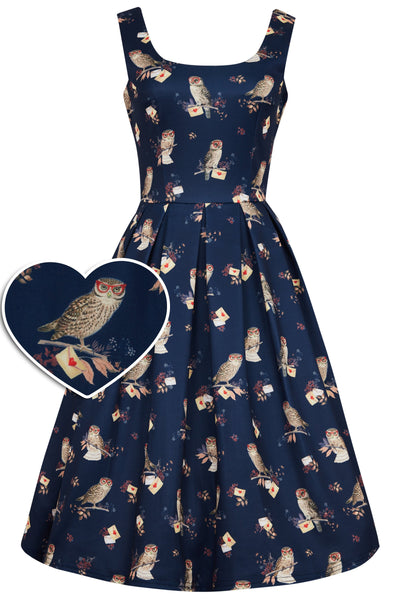 EU Stock-Amanda Owl & Letter Swing Dress in Dark Blue