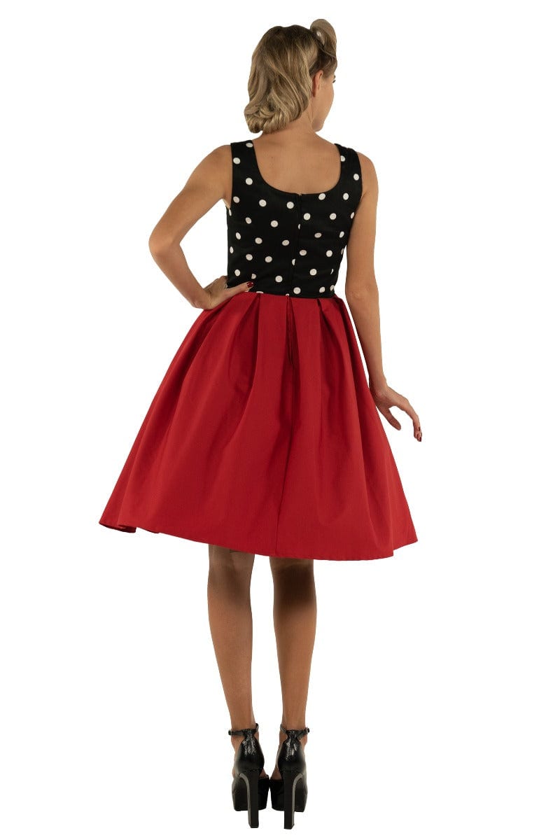 EU STOCK Amanda Scoop Neck Polka Dot Swing Dress in Black-White & Red