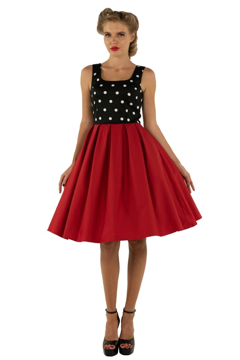 EU STOCK Amanda Scoop Neck Polka Dot Swing Dress in Black-White & Red