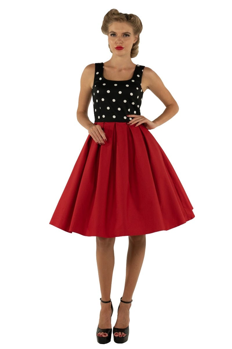 EU STOCK Amanda Scoop Neck Polka Dot Swing Dress in Black-White & Red