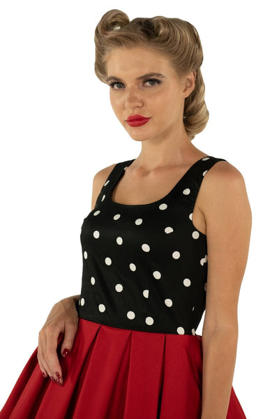 EU STOCK Amanda Scoop Neck Polka Dot Swing Dress in Black-White & Red