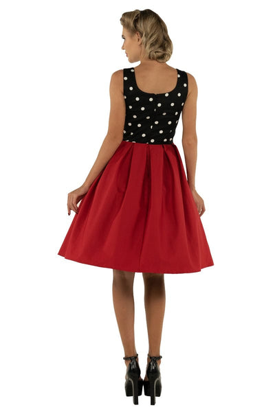 EU STOCK Amanda Scoop Neck Polka Dot Swing Dress in Black-White & Red