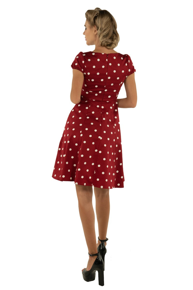 PRE ORDER Claudia Flirty Fifties Style Polka Dot Dress In Burgundy/White