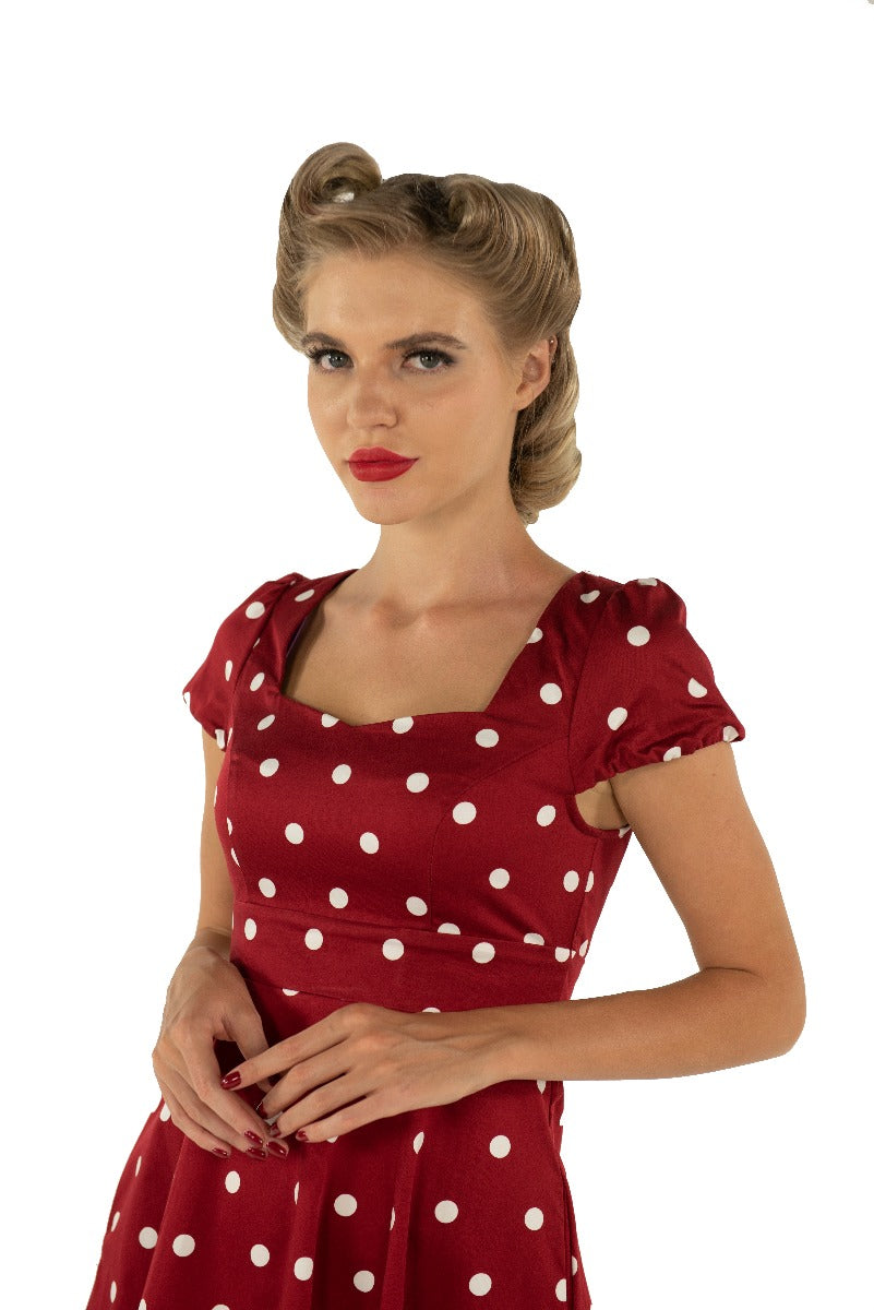 PRE ORDER Claudia Flirty Fifties Style Polka Dot Dress In Burgundy/White