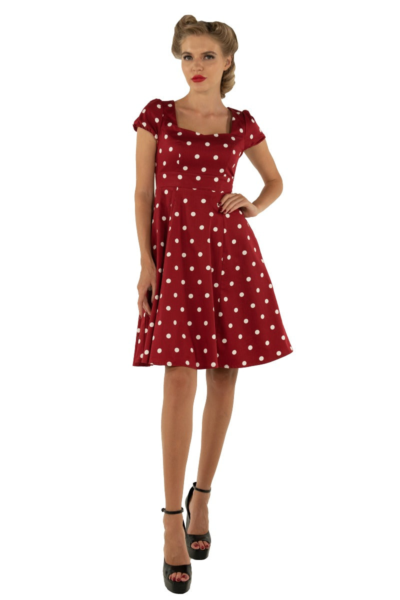 PRE ORDER Claudia Flirty Fifties Style Polka Dot Dress In Burgundy/White