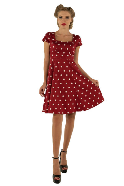 PRE ORDER Claudia Flirty Fifties Style Polka Dot Dress In Burgundy/White