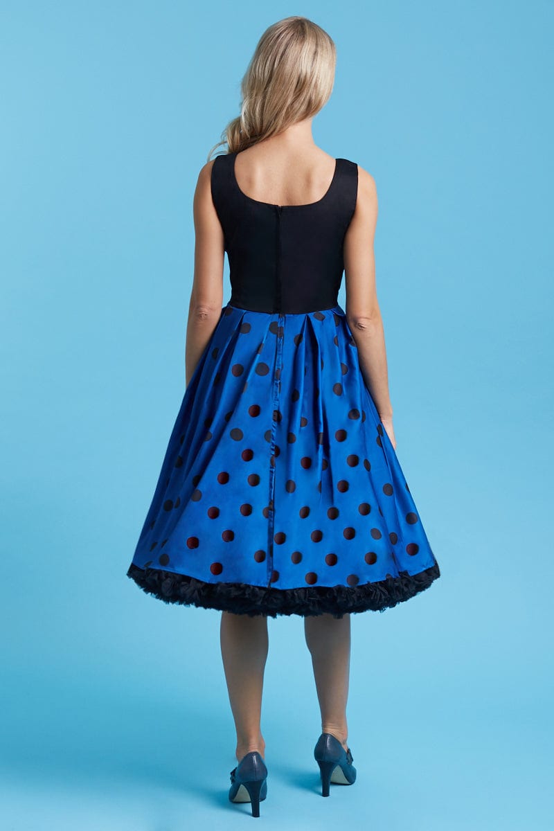 EU STOCK Amanda Blue & Black Polka Dot Flared Dress