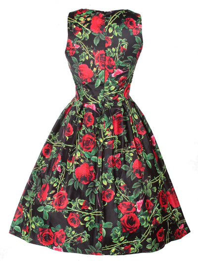  Rose Thorns Floral Retro Dress in Black