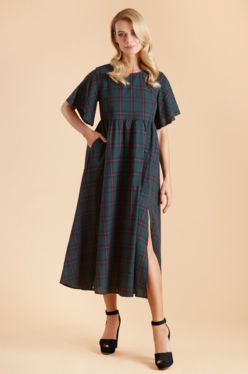 Floaty Oversized Day Dress in Green Tartan front