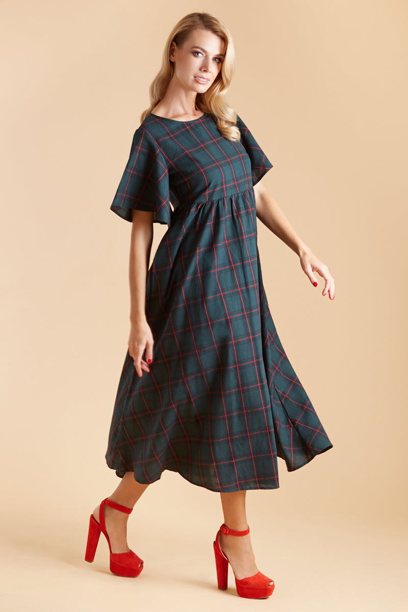 Floaty Oversized Day Dress in Green Tartan side