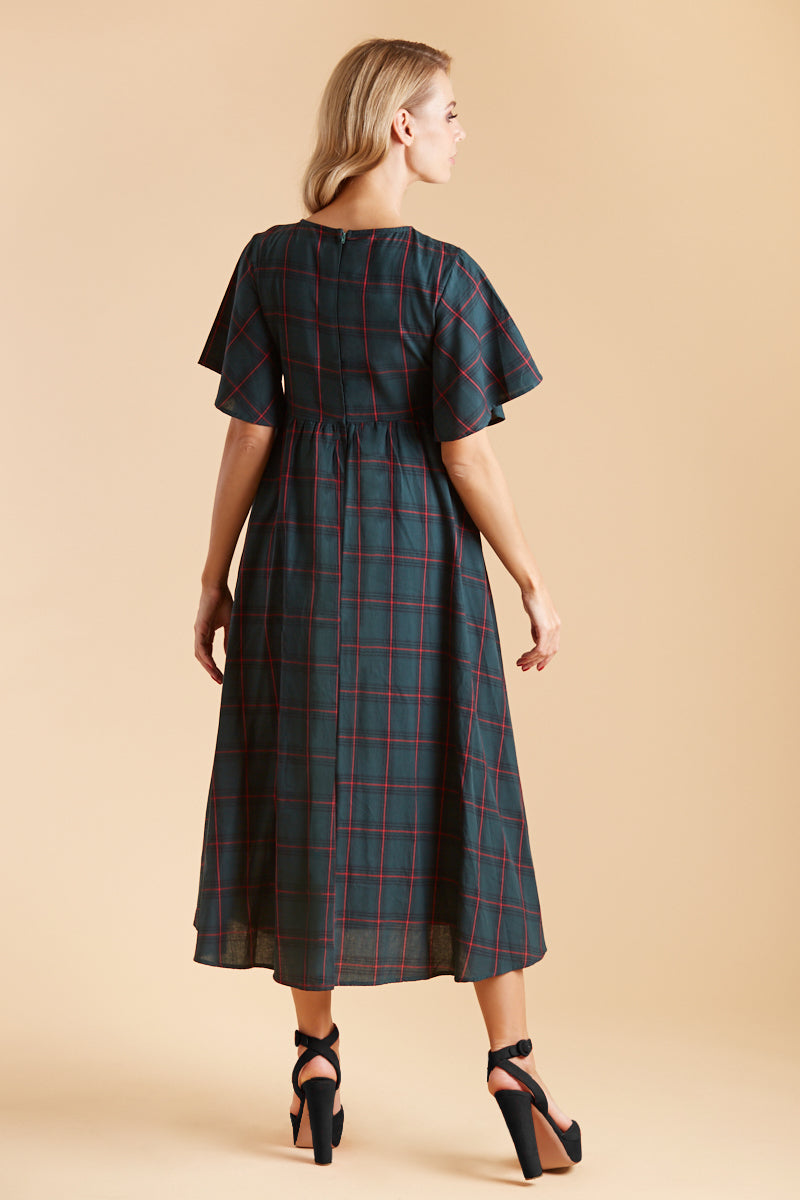 Floaty Oversized Day Dress in Green Tartan back