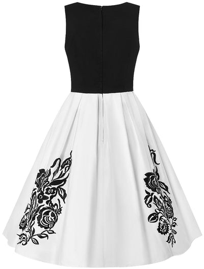 Embroidered Roses Swing Dress in Black-White