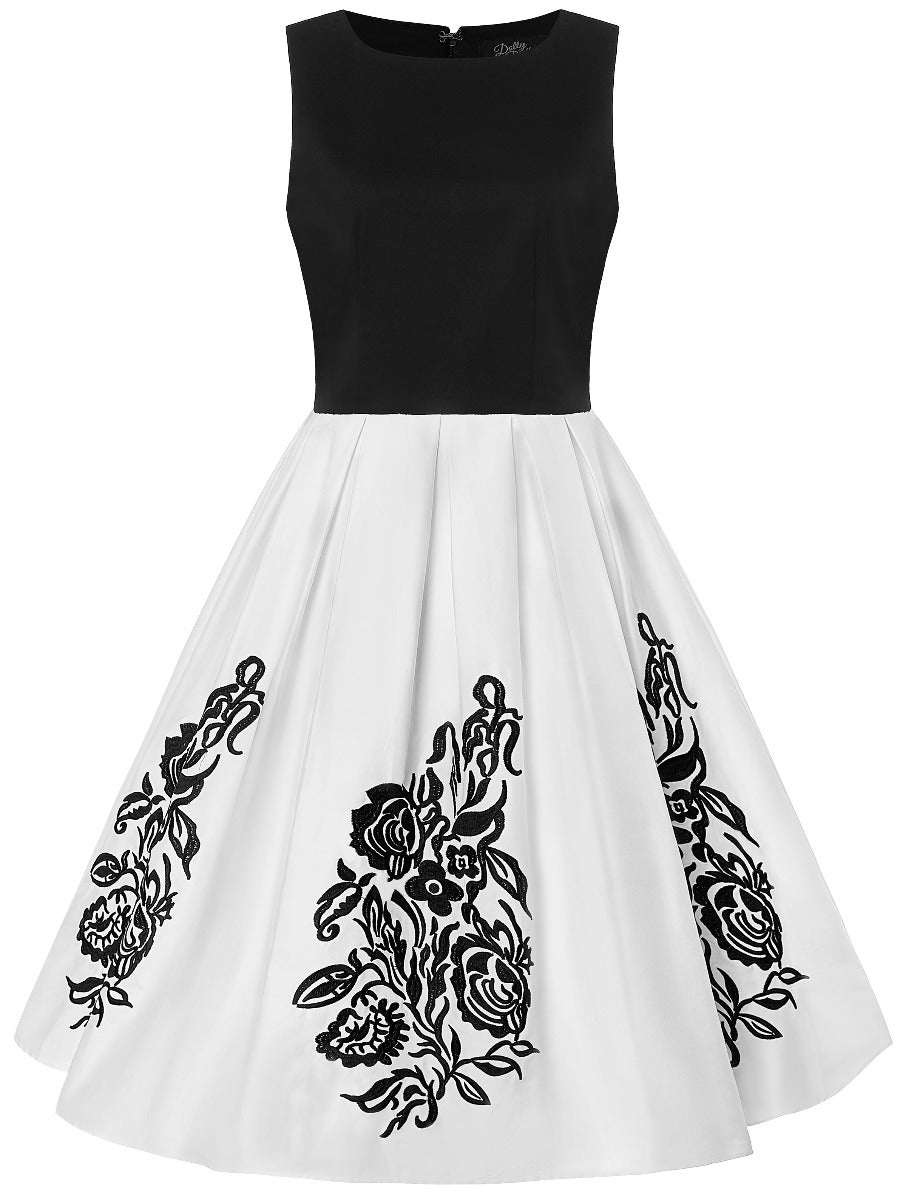 Embroidered Roses Swing Dress in Black-White