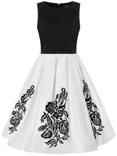 Embroidered Roses Swing Dress in Black-White