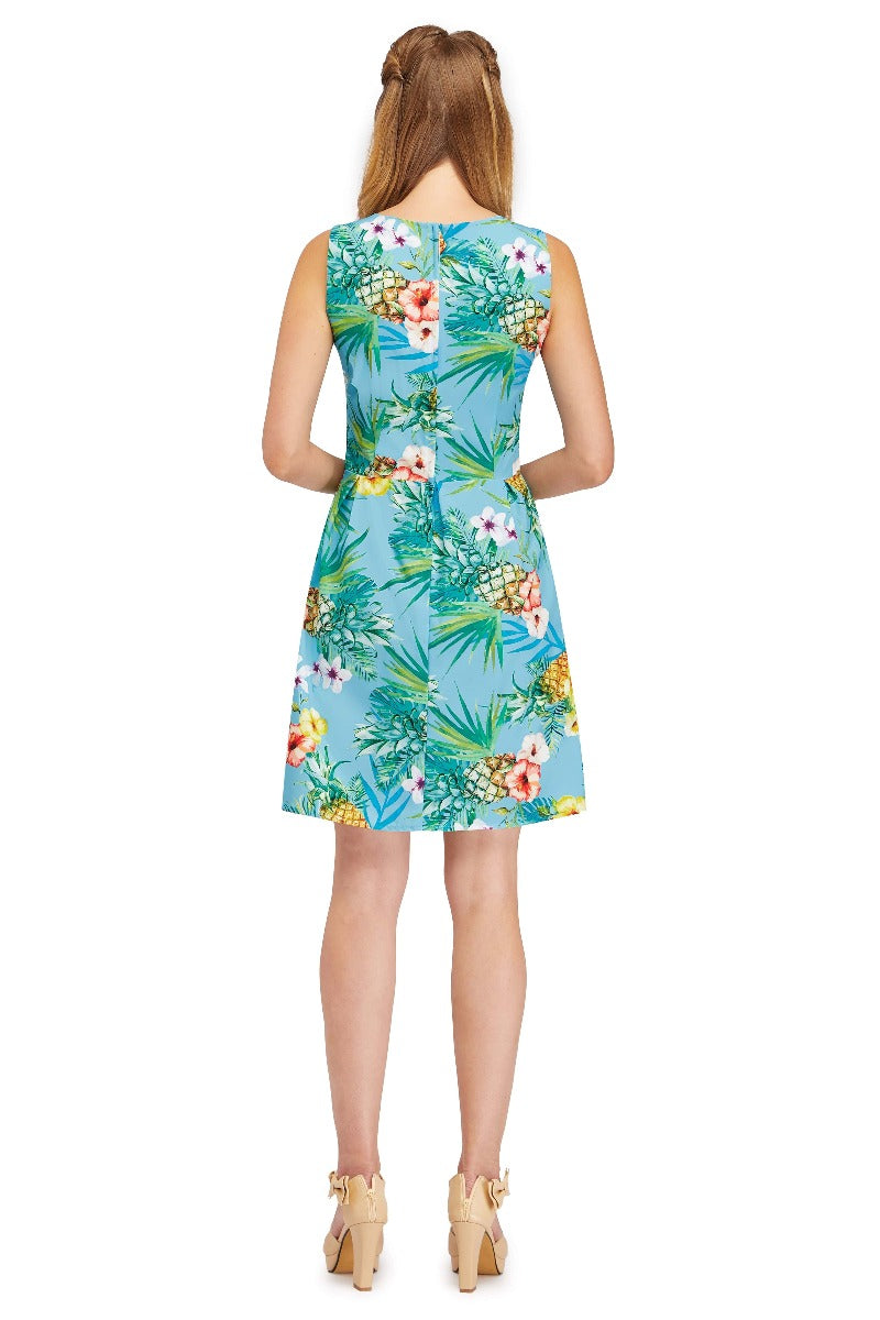 Summer Dress with Tropical Print in Light Blue with Pockets
