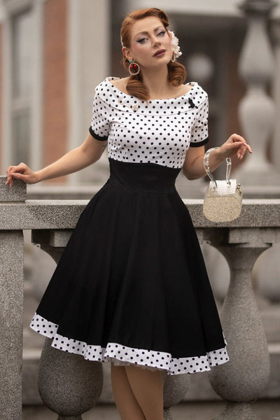 Woman's Retro Swing Dress in White/Black Polka