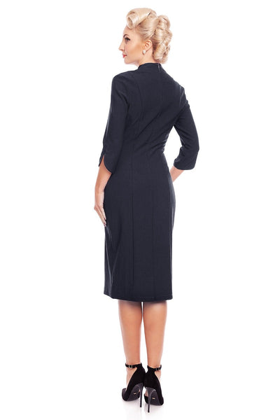 Theresa Fitted Collared Vintage Dress in Navy Blue