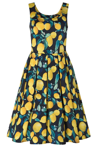 EU STOCK Amanda Vintage Inspired Lemon Print Dress in Dark Blue with a Scoop Neckline & Hidden Pockets