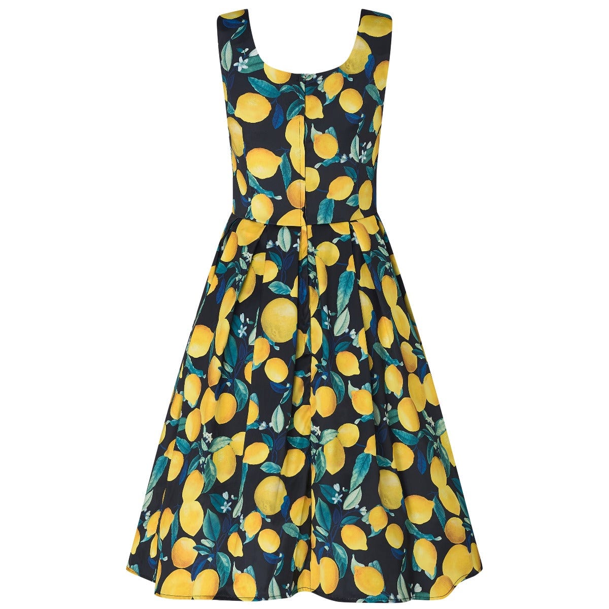 EU STOCK Amanda Vintage Inspired Lemon Print Dress in Dark Blue with a Scoop Neckline & Hidden Pockets