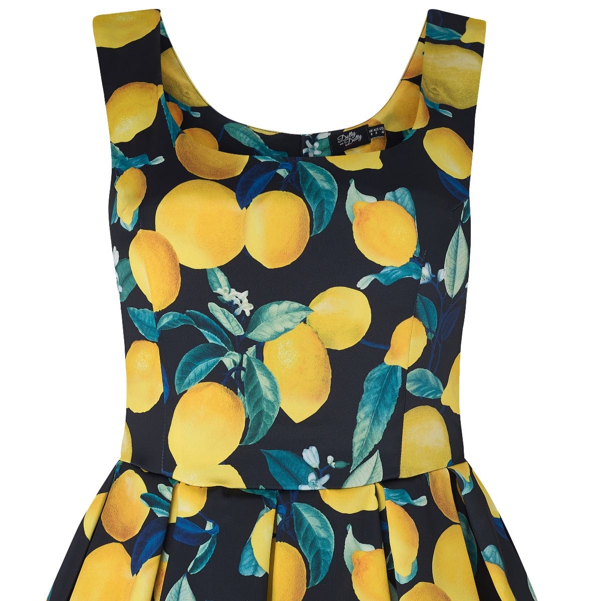 EU STOCK Amanda Vintage Inspired Lemon Print Dress in Dark Blue with a Scoop Neckline & Hidden Pockets