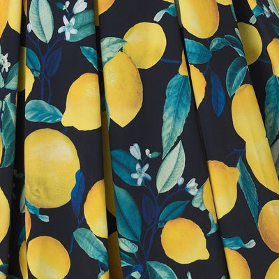 EU STOCK Amanda Vintage Inspired Lemon Print Dress in Dark Blue with a Scoop Neckline & Hidden Pockets