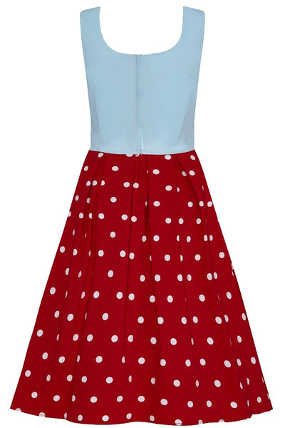 EU STOCK Amanda Scoop Neck Swing Dress in Light Blue & Red with White Polka Dot